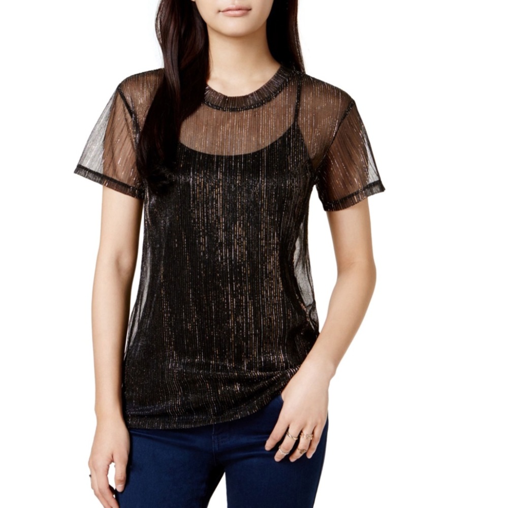 Bar III Sheer Knit Metallic Short Sleeve Crew Neck Blouse